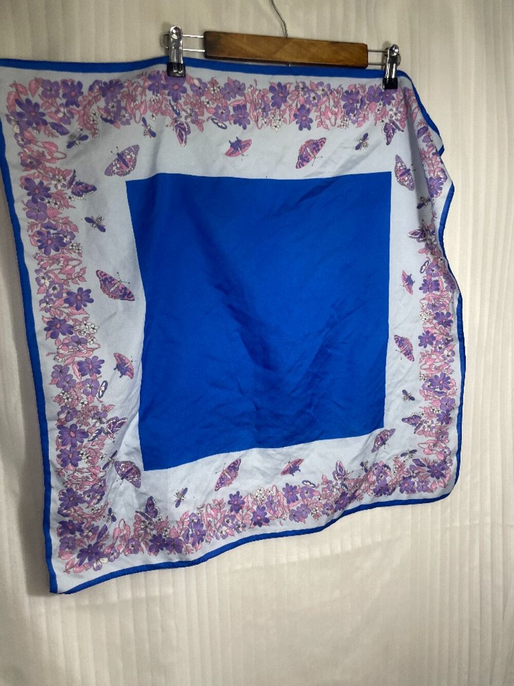 Blue Square Scarf Butterfly Floral Print Pink Purple White 26 x 26 Inches